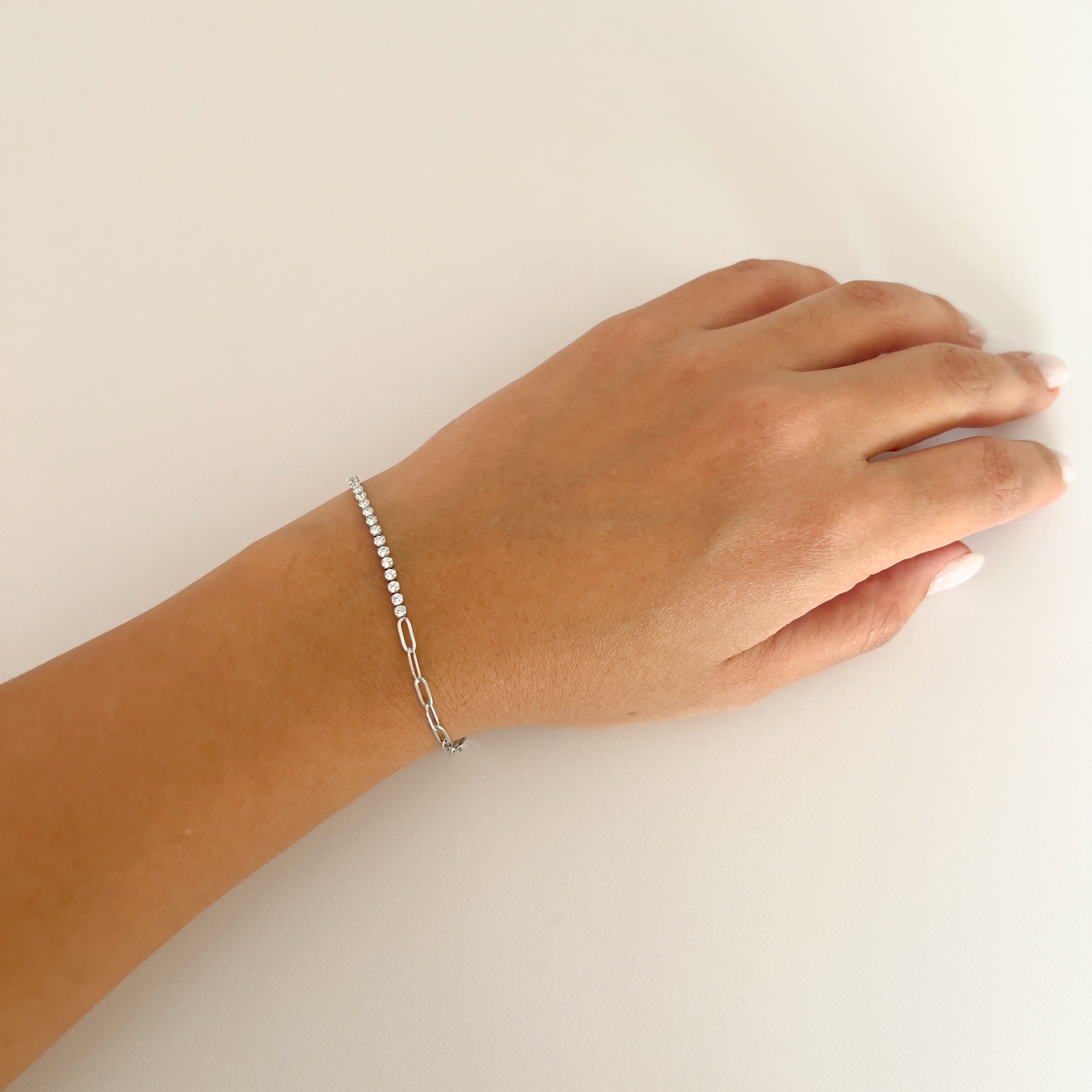 Pulsera Brillo Blanco Cadena Plata